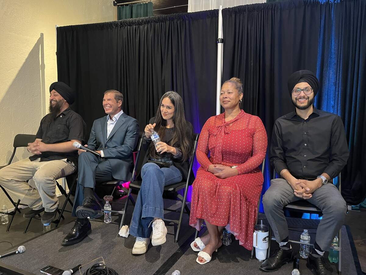 Fresno City Council candidates, from left to right, Naindeep Singh, Joaquin Arambula, Ariana Martinez Lott, Keshia Thomas and Nav Gurm, met at a forum on Sept. 22, 2026, hosted by Dulce Upfront in Fresno.